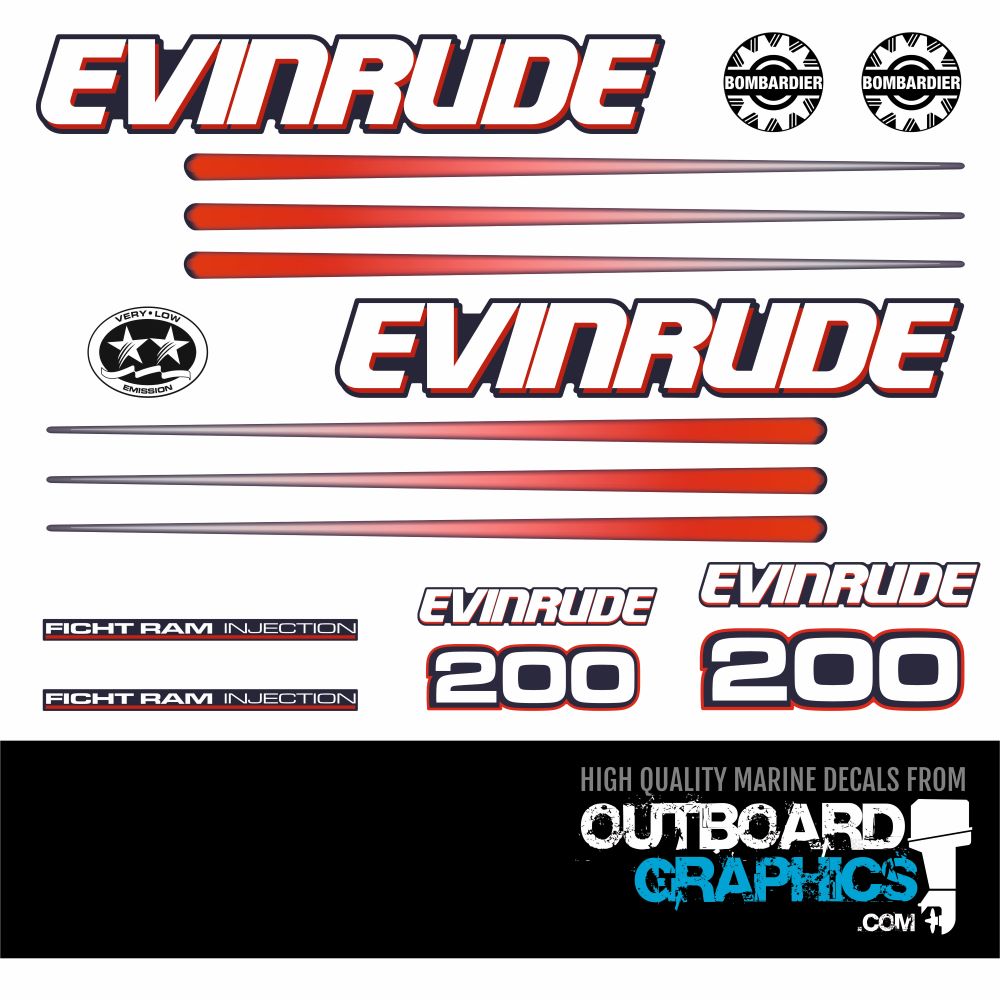 Evinrude 200hp Ficht Ram outboard engine decals/sticker kit (blue cowl ...
