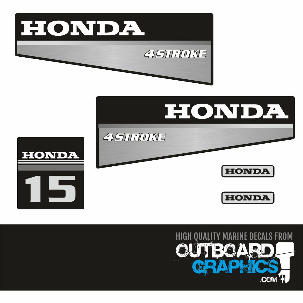 Honda 15hp 4 stroke (1990's) outboard engine decals/sticker kit - silv ...