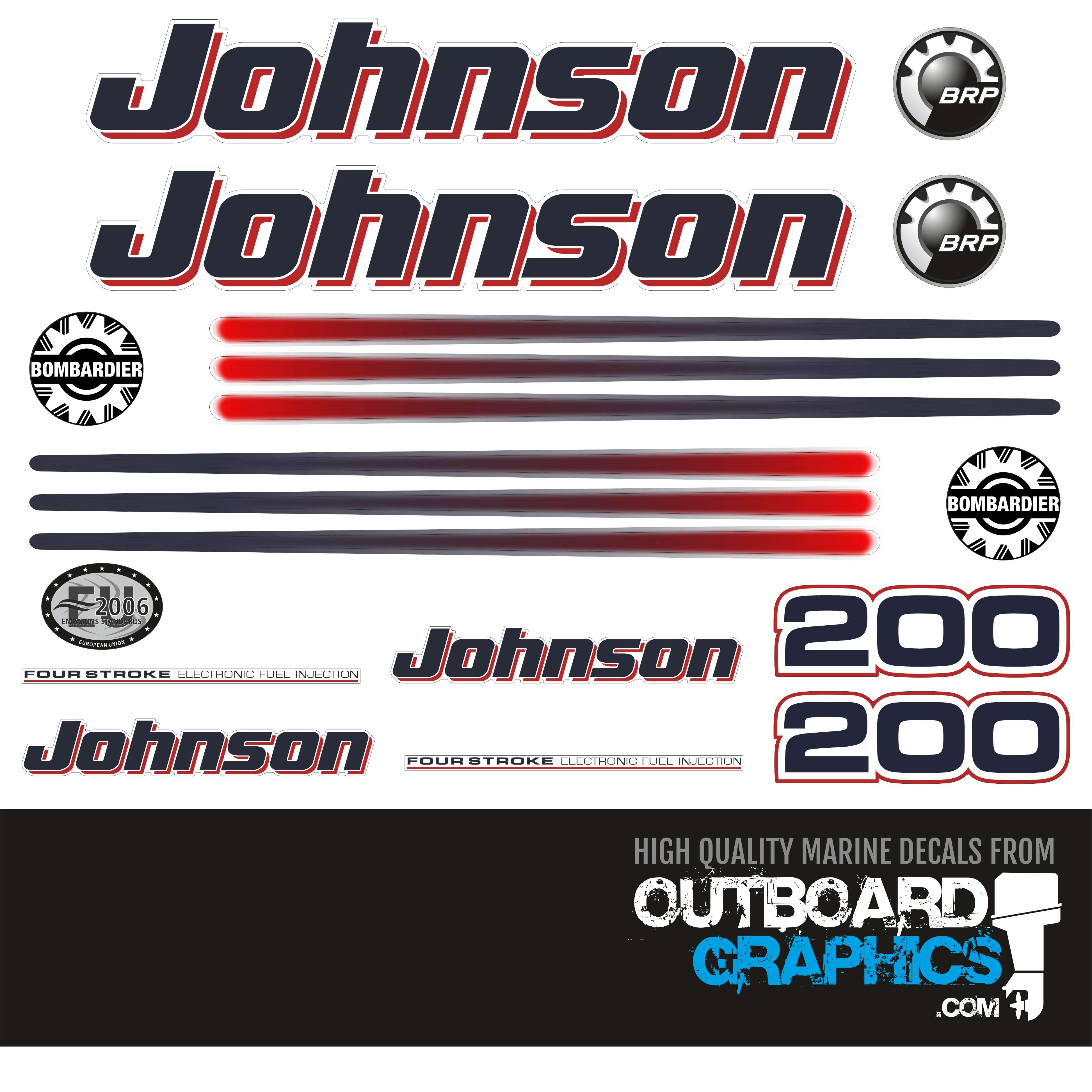 Sjs Engine Sticker Johnson 200hp four stroke (2005) outboard engine decals/sticker kit ...