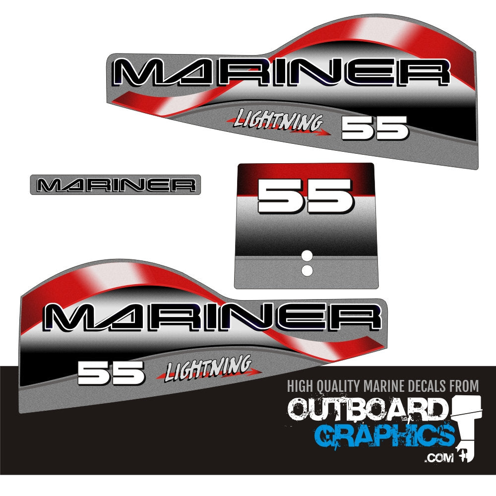 Mariner 55hp lightning two stroke outboard engine decals/sticker kit ...